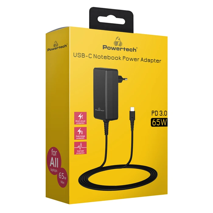 Φορτιστής Laptop Powertech PT-1156, USB-C PD, universal, 65W, μαύρο