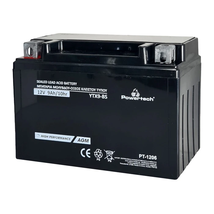 Μπαταρία Μολύβδου Powertech μοτοσυκλέτας PT-1206, 12V 9Ah, AGM, YTX9-BS