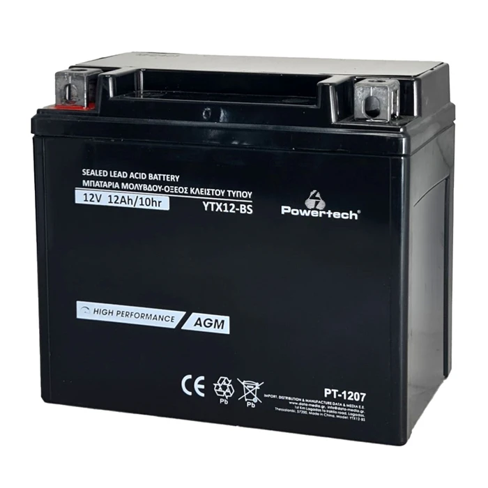 Μπαταρία Μολύβδου Powertech μοτοσυκλέτας PT-1207, 12V 12Ah AGM, YTX12-BS