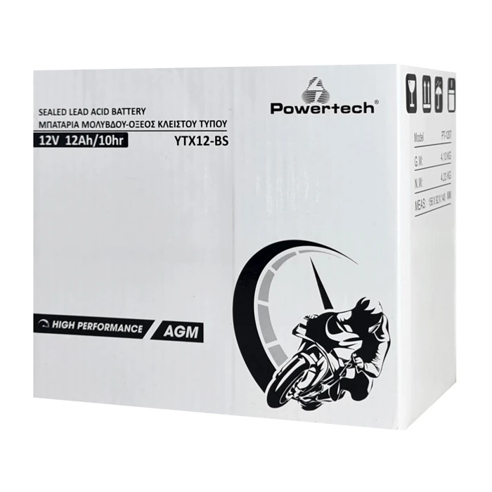 Μπαταρία Μολύβδου Powertech μοτοσυκλέτας PT-1207, 12V 12Ah AGM, YTX12-BS