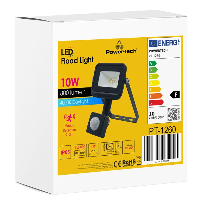 Προβολέας LED Powertech Pt-1260, Με Αισθητήρα Κίνησης, 10W, 4000K, Ip65