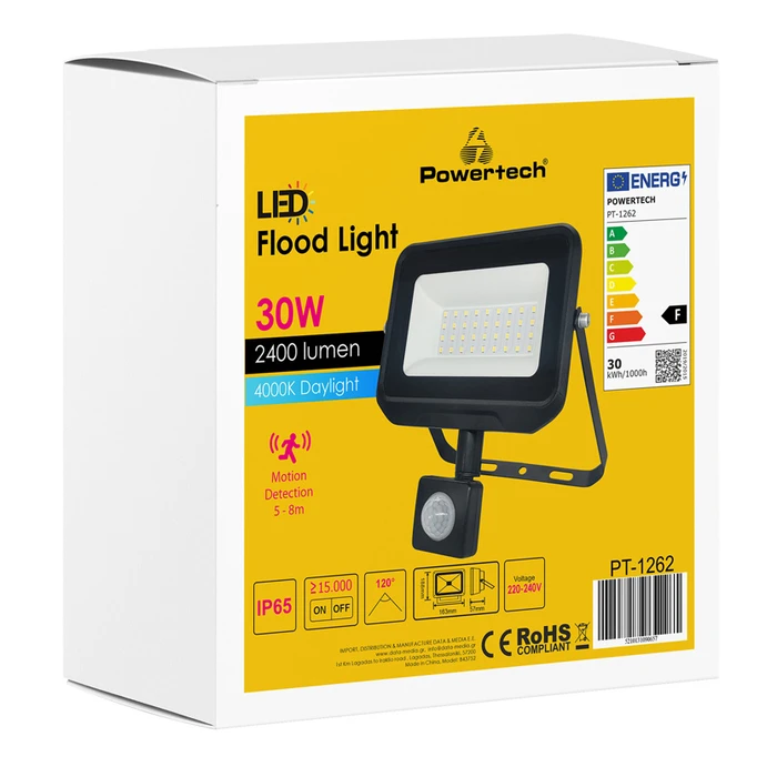 Προβολέας LED Powertech Pt-1262, Με Αισθητήρα Κίνησης, 30W, 4000K, Ip65