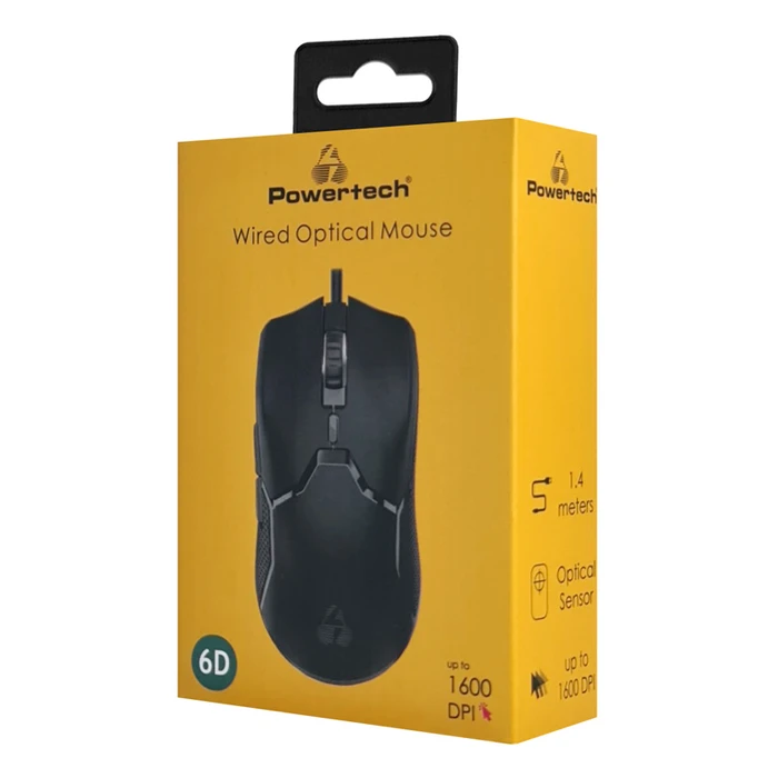 Ποντίκι Ενσύρματο Powertech Pt-1289, Οπτικό, Έως 1600Dpi, Μαύρο