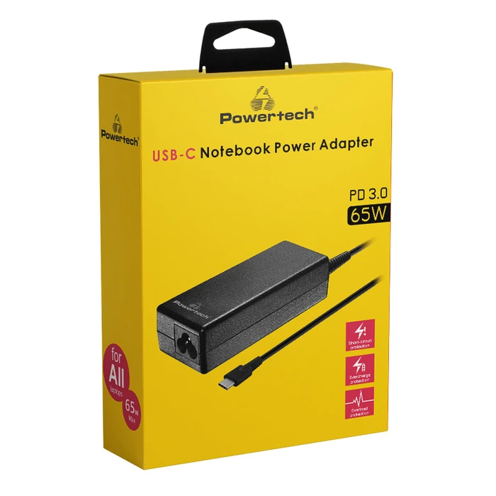 Φορτιστής Laptop 65W Powertech Pt-1319, USB-C Pd 3.0, Universal, Μαύρος