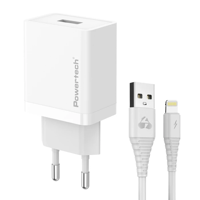 Φορτιστής Πρίζας Powertech Pt-1323 Με Καλώδιο Lightning, Usb, 12W, Λευκός