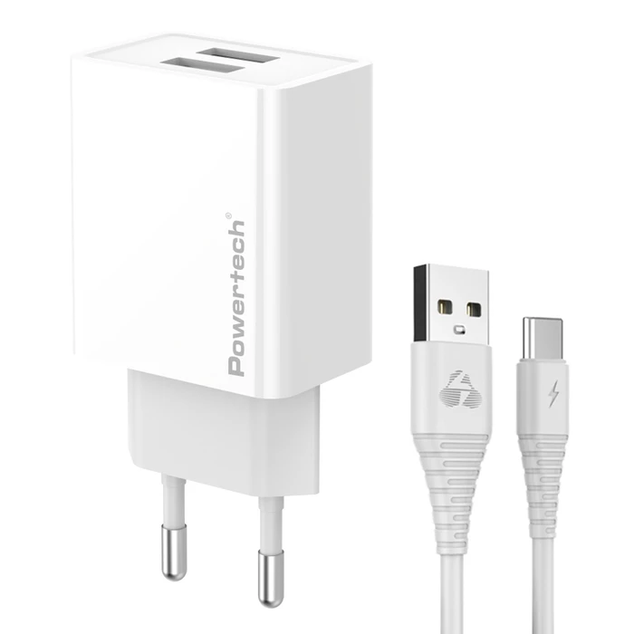 Φορτιστής Πρίζας Powertech Pt-1324 Με Καλώδιο USB-C, 2X Usb, 12W, Λευκός