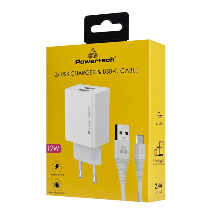 Φορτιστής Πρίζας Powertech Pt-1324 Με Καλώδιο USB-C, 2X Usb, 12W, Λευκός