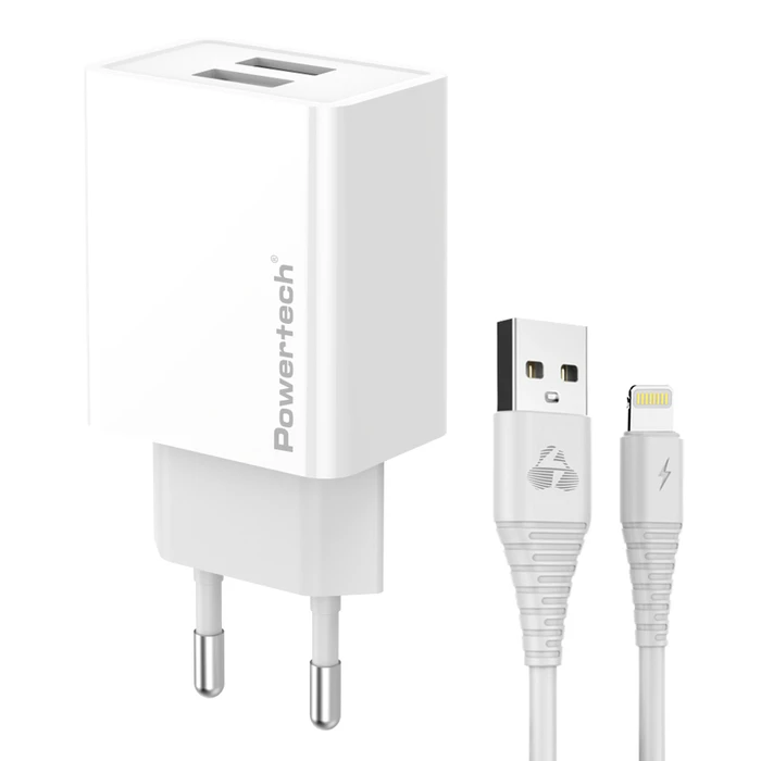 Φορτιστής Πρίζας Powertech Pt-1325 Με Καλώδιο Lightning, 2X Usb, 12W, Λευκός