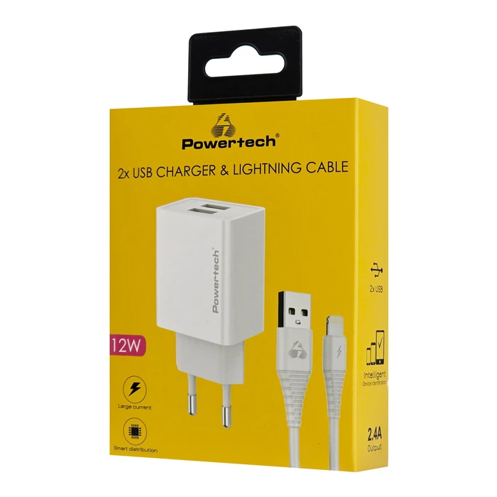 Φορτιστής Πρίζας Powertech Pt-1325 Με Καλώδιο Lightning, 2X Usb, 12W, Λευκός