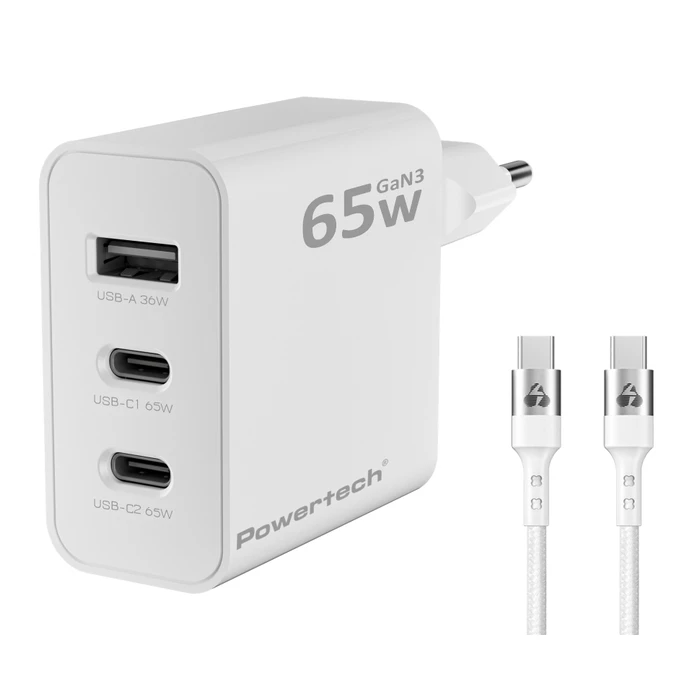 Φορτιστής Πρίζας Powertech PT-1378 με Καλώδιο, USB/2x USB-C, 65W, GaN, λευκός