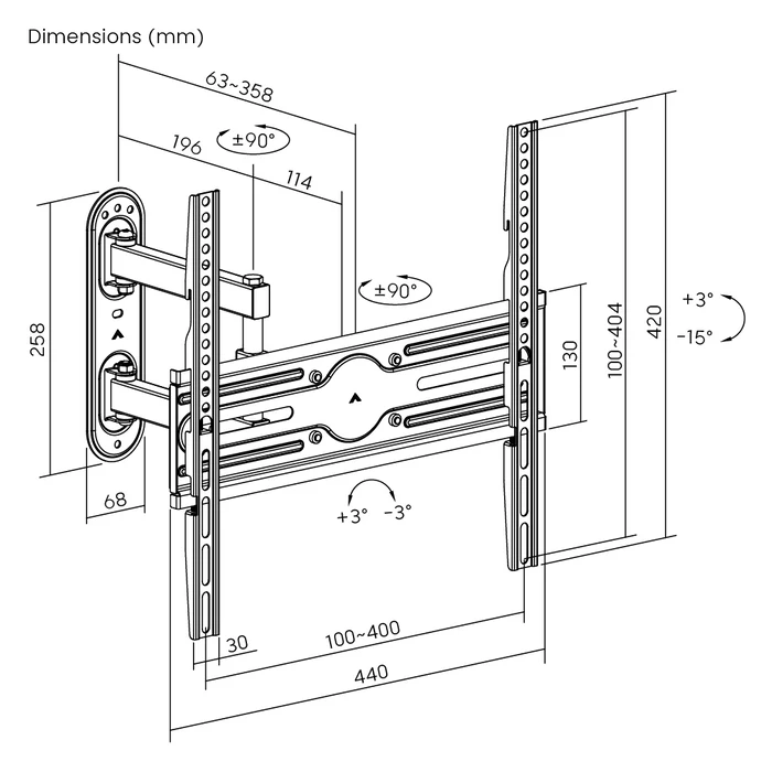 Βάση Τηλεόρασης Powertech επιτοίχια PT-1388 32-65", full motion, 35kg