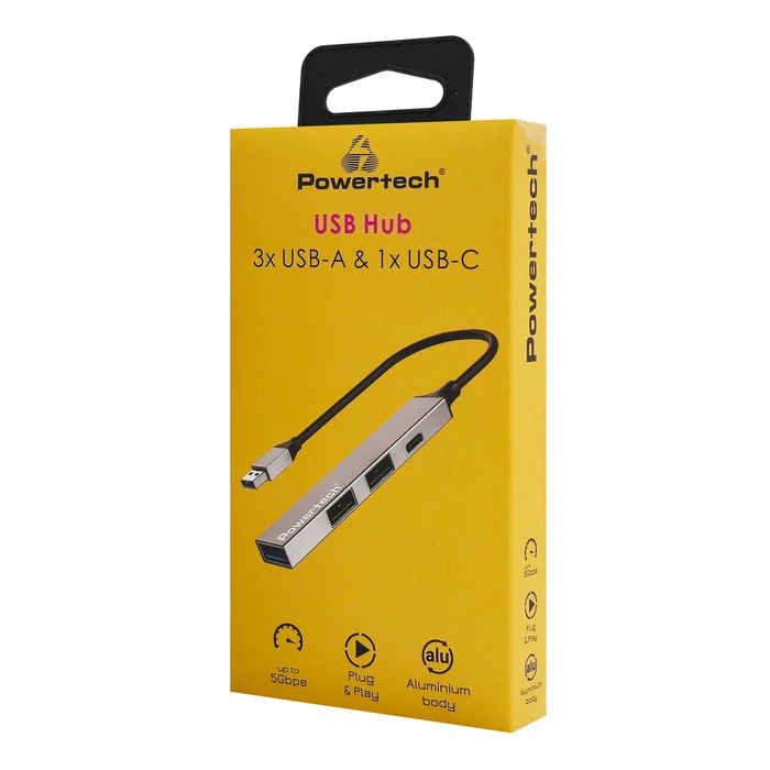 USB Hub Powertech Pt-1413, 4X Θυρών, USB 3.2, 5Gbps, USB Σύνδεση, Γκρι