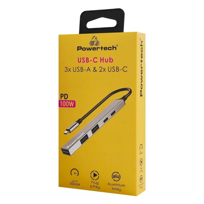 USB Hub Powertech Pt-1414, 5X Θυρών, USB 3.2, 5Gbps, 100W, USB-C, Γκρι