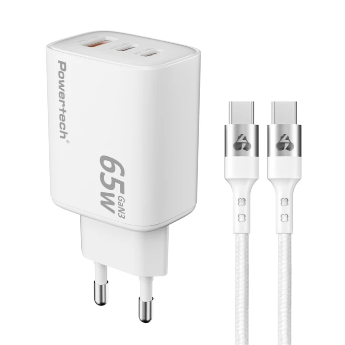 Φορτιστής Τοίχου Powertech Pt-1415 με Καλώδιο, Usb/2X USB-C, 65W, Gan, Λευκός