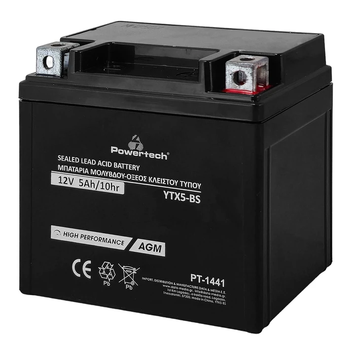 Μπαταρία Μολύβδου Μοτοσυκλέτας Powertech Pt-1441, 12V 5Ah, Agm, Ytx5-Bs