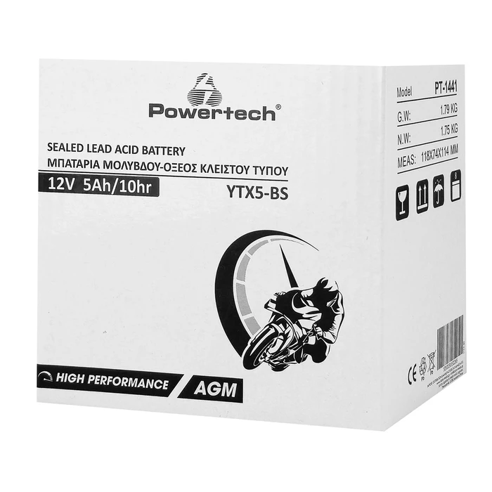 Μπαταρία Μολύβδου Μοτοσυκλέτας Powertech Pt-1441, 12V 5Ah, Agm, Ytx5-Bs