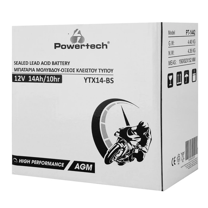 Μπαταρία Μολύβδου Μοτοσυκλέτας Powertech Pt-1442, 12V 14Ah, Agm, Ytx14-Bs