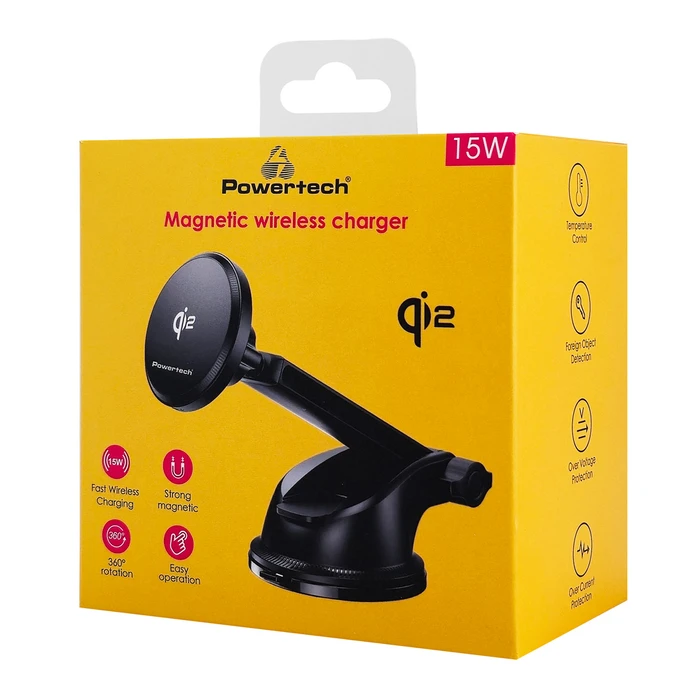 Βάση Smartphone Αυτοκινήτου Powertech Ασύρματος Φορτιστής Pt-1492, Qi2, 15W, Μαύρος