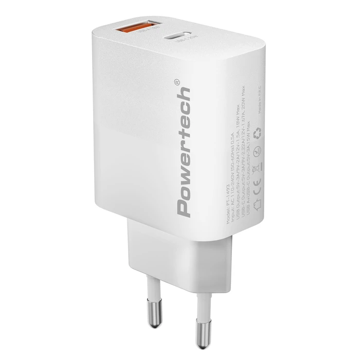 Φορτιστής Τοίχου Powertech Pt-1493, Usb/USB-C, 20W, Λευκός