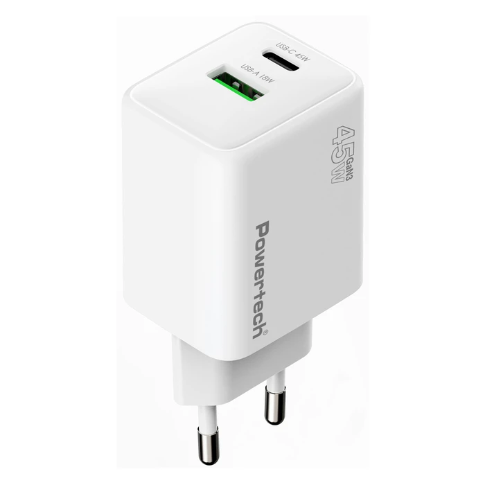 POWERTECH φορτιστής τοίχου PT-1551 USB USB C 45W GaN AVS λευκός