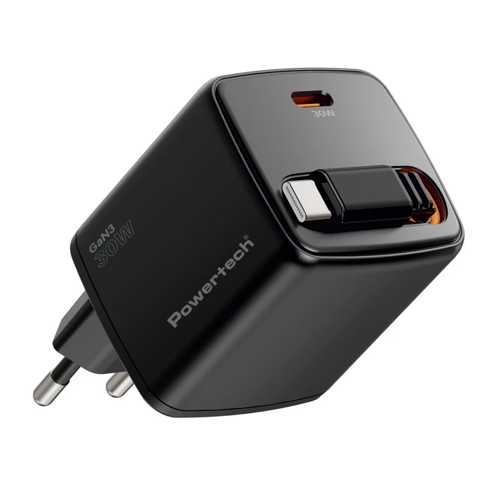 POWERTECH Wall Charger PT 1571 USB C 30W GaN Black with Retractable Cable