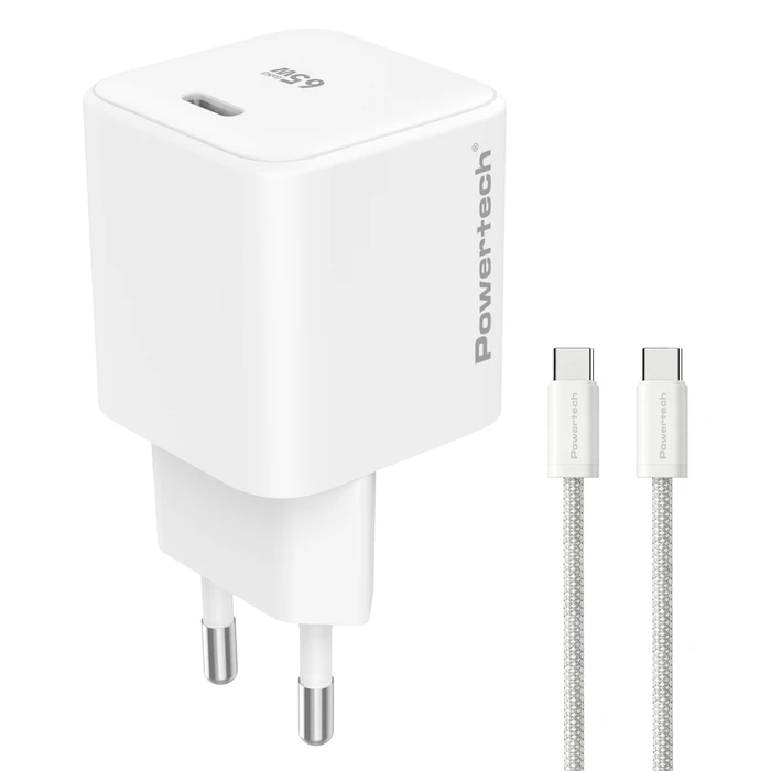 Powertech Φορτιστής GaN με Θύρα USB-C και Καλώδιο USB-C - USB-C 65W Power Delivery / Quick Charge 2.0 / Quick Charge 3.0 Λευκός (PT-1577)