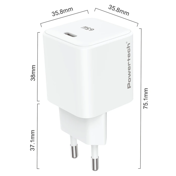 Powertech Φορτιστής GaN με Θύρα USB-C και Καλώδιο USB-C - USB-C 65W Power Delivery / Quick Charge 2.0 / Quick Charge 3.0 Λευκός (PT-1577)
