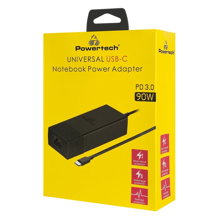 Powertech φορτιστής laptop PT-1604, USB-C PD, 90W, μαύρος
