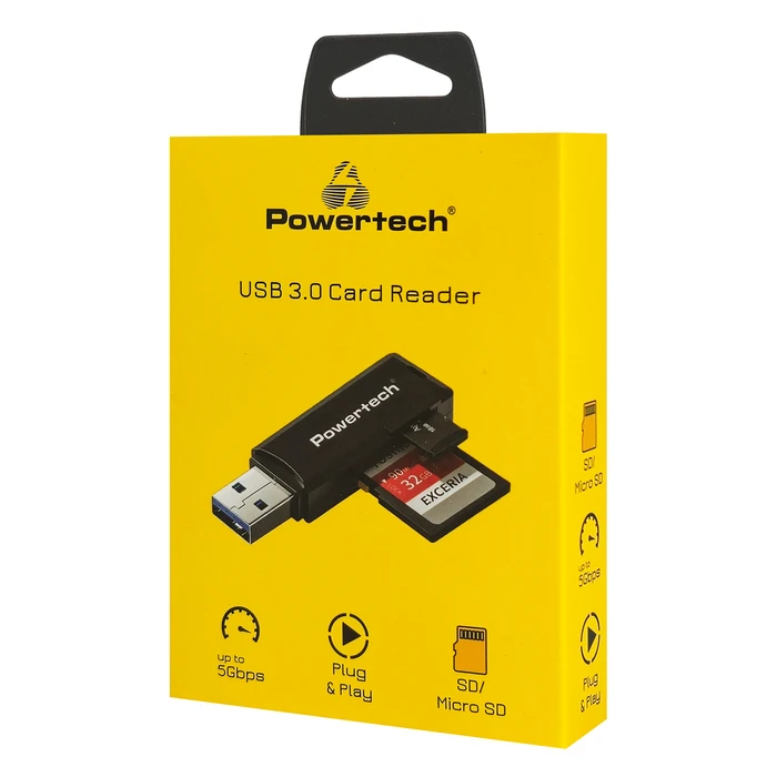 Powertech card reader PT-1605 για SD & micro SD, USB 3.0, 5Gbps, μαύρο