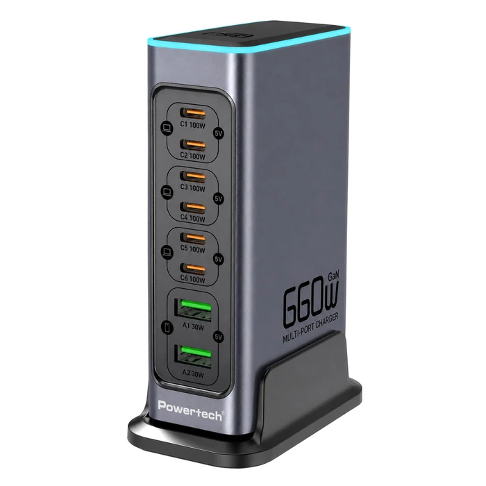 Powertech Βάση Φόρτισης GaN με 2 Θύρες USB-A και 6 Θύρες USB-C 140W Power Delivery / Quick Charge 3.0 σε Γκρι χρώμα (PT-1621)