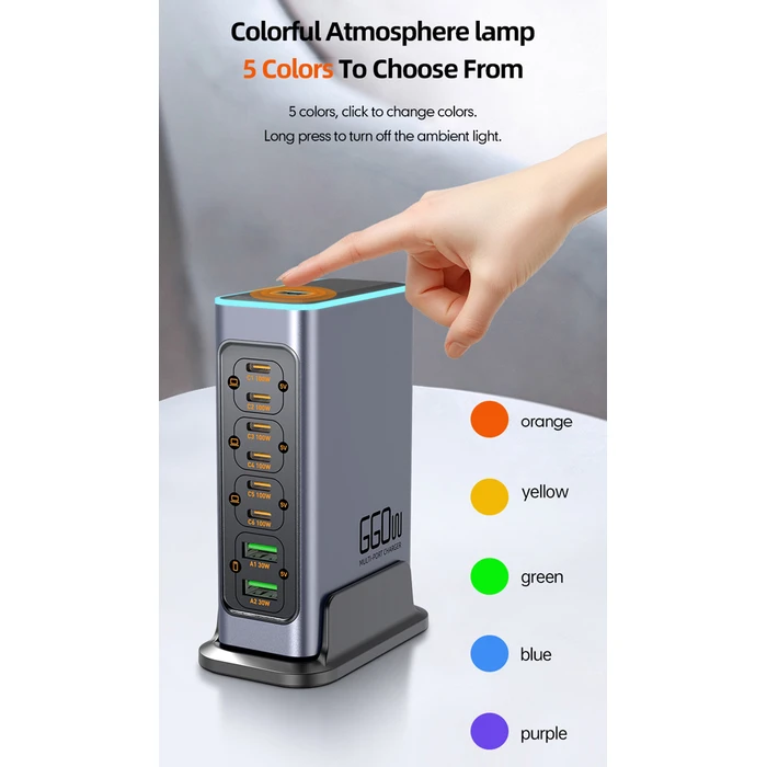 Powertech Βάση Φόρτισης GaN με 2 Θύρες USB-A και 6 Θύρες USB-C 140W Power Delivery / Quick Charge 3.0 σε Γκρι χρώμα (PT-1621)