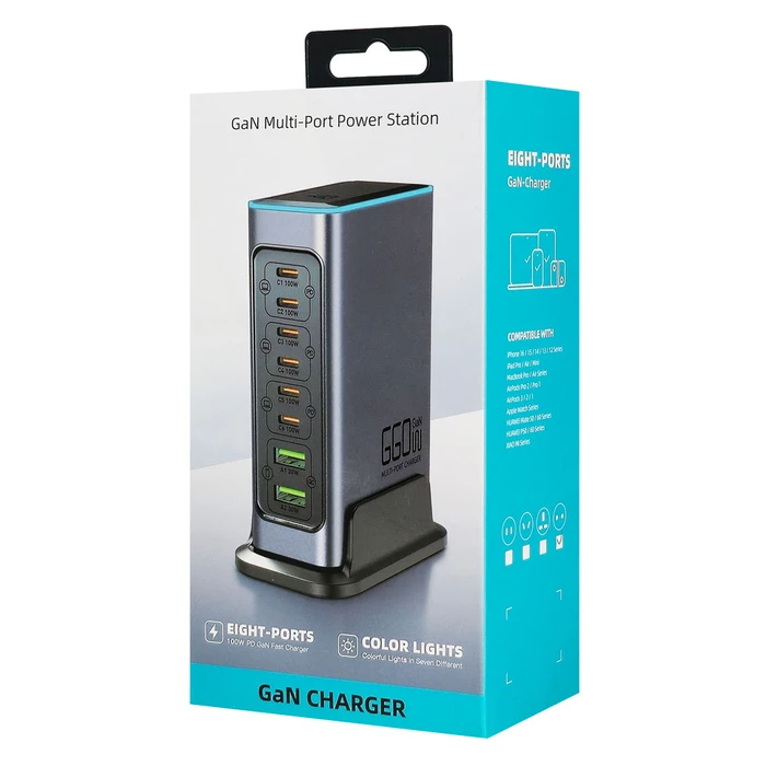 Powertech Βάση Φόρτισης GaN με 2 Θύρες USB-A και 6 Θύρες USB-C 140W Power Delivery / Quick Charge 3.0 σε Γκρι χρώμα (PT-1621)