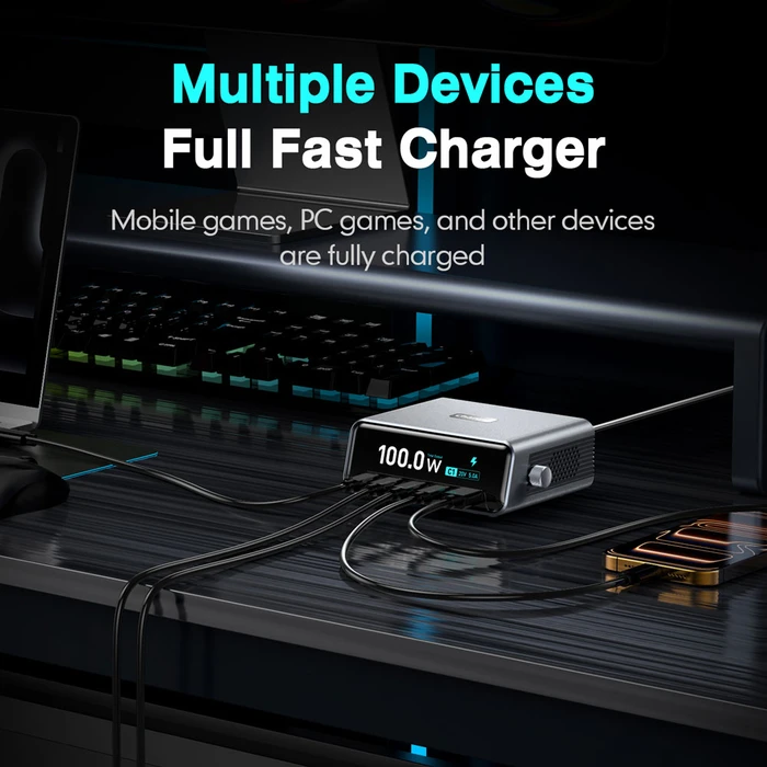 Powertech Βάση Φόρτισης GaN με Θύρα USB-A και 4 Θύρες USB-C 100W Power Delivery / Quick Charge 4.0 σε Γκρι χρώμα (PT-1622)
