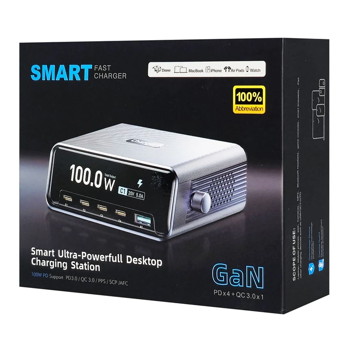 Powertech Βάση Φόρτισης GaN με Θύρα USB-A και 4 Θύρες USB-C 100W Power Delivery / Quick Charge 4.0 σε Γκρι χρώμα (PT-1622)