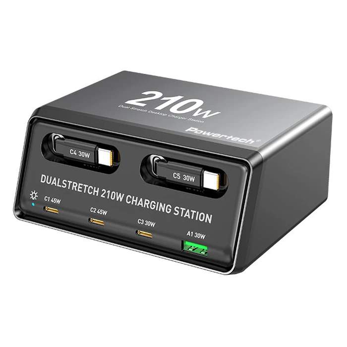 Powertech Βάση Φόρτισης GaN με Θύρα USB-A και 3 Θύρες USB-C και Καλώδιο USB-C 210W Power Delivery / Quick Charge 4+ σε Μαύρο χρώμα (PT-1623)