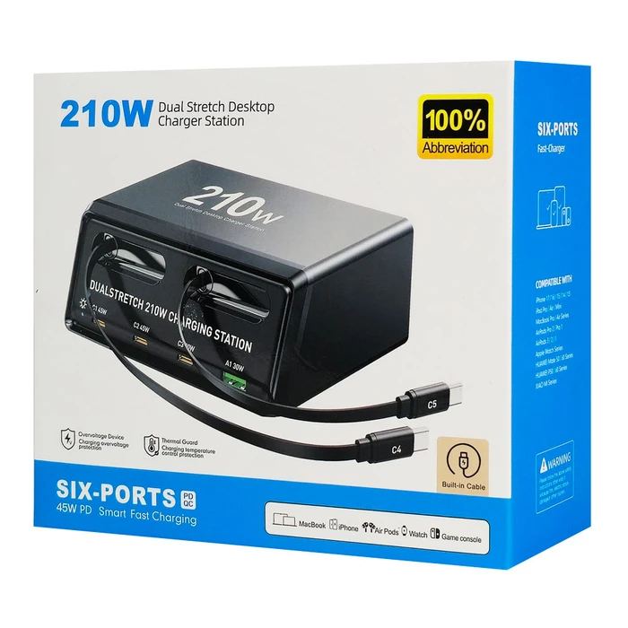Powertech Βάση Φόρτισης GaN με Θύρα USB-A και 3 Θύρες USB-C και Καλώδιο USB-C 210W Power Delivery / Quick Charge 4+ σε Μαύρο χρώμα (PT-1623)