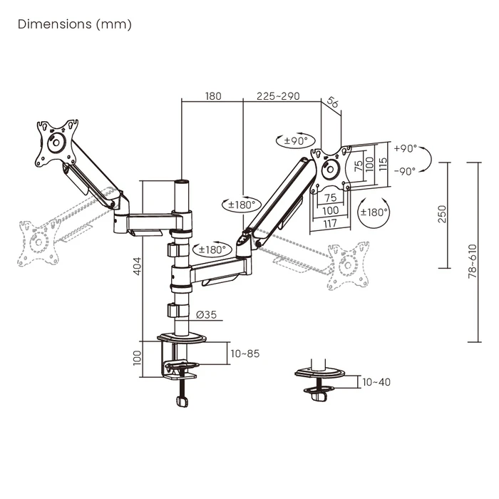 Powertech Desk Mount for 2 Monitors PT-1628, 17-32", up to 9kg per monitor