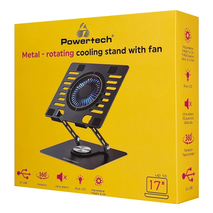 POWERTECH Laptop Cooling Stand PT-1630 up to 17", 110mm Blue LED Fan, Metal, Black