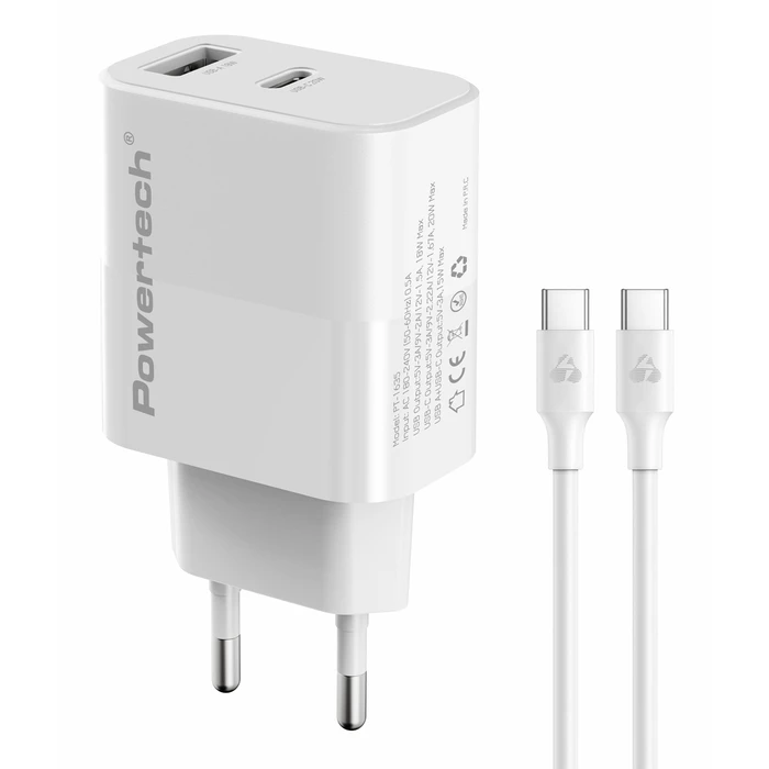 Powertech Φορτιστής με Θύρα USB-A και Θύρα USB-C και Καλώδιο USB-C 20W Power Delivery / Quick Charge 3.0 Λευκός (PT-1635)