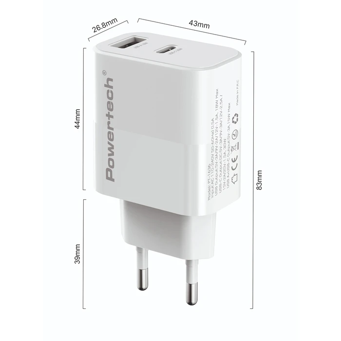 Powertech Φορτιστής με Θύρα USB-A και Θύρα USB-C και Καλώδιο USB-C 20W Power Delivery / Quick Charge 3.0 Λευκός (PT-1635)