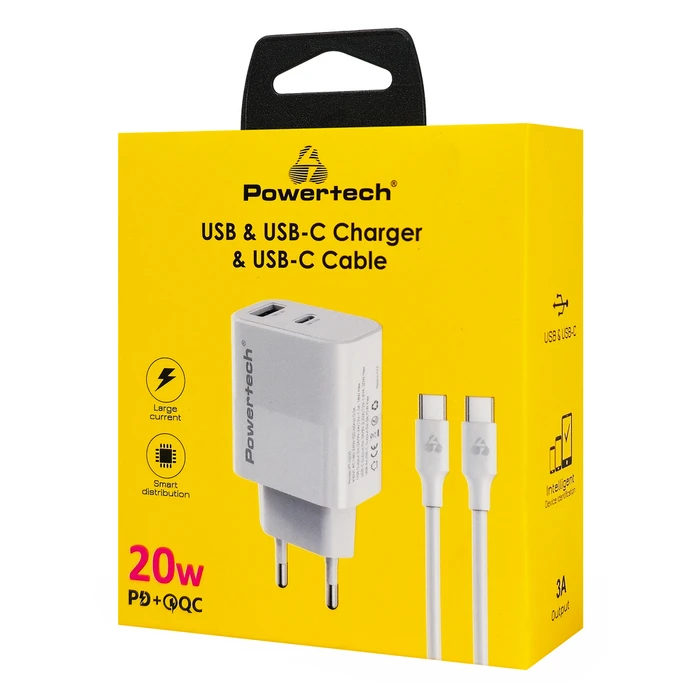Powertech Φορτιστής με Θύρα USB-A και Θύρα USB-C και Καλώδιο USB-C 20W Power Delivery / Quick Charge 3.0 Λευκός (PT-1635)