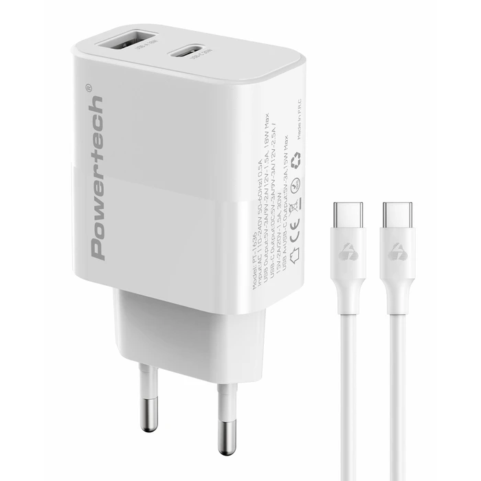 POWERTECH φορτιστής τοίχου PT-1636 GaN 30W με ενσωματωμένο καλώδιο USB-C 1m, λευκός