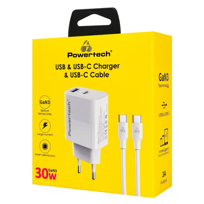 POWERTECH φορτιστής τοίχου PT-1636 GaN 30W με ενσωματωμένο καλώδιο USB-C 1m, λευκός