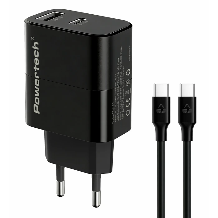 POWERTECH φορτιστής τοίχου PT-1637 με καλώδιο, USB-A & USB-C, 20W, μαύρος