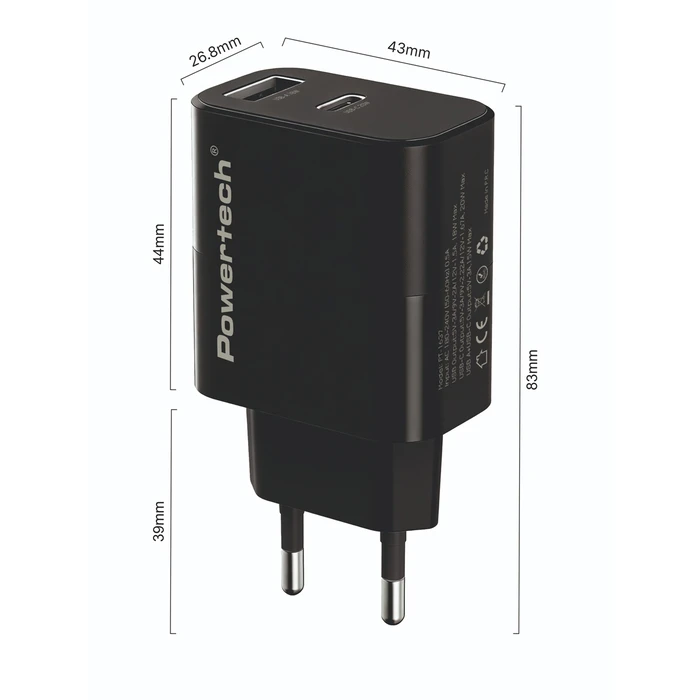 POWERTECH φορτιστής τοίχου PT-1637 με καλώδιο, USB-A & USB-C, 20W, μαύρος