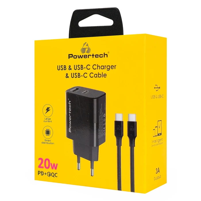 POWERTECH φορτιστής τοίχου PT-1637 με καλώδιο, USB-A & USB-C, 20W, μαύρος