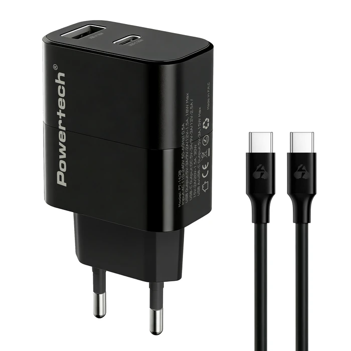 POWERTECH PT-1638 GaN 30W Wall Charger with USB-A & USB-C and 1m USB-C Cable, Black
