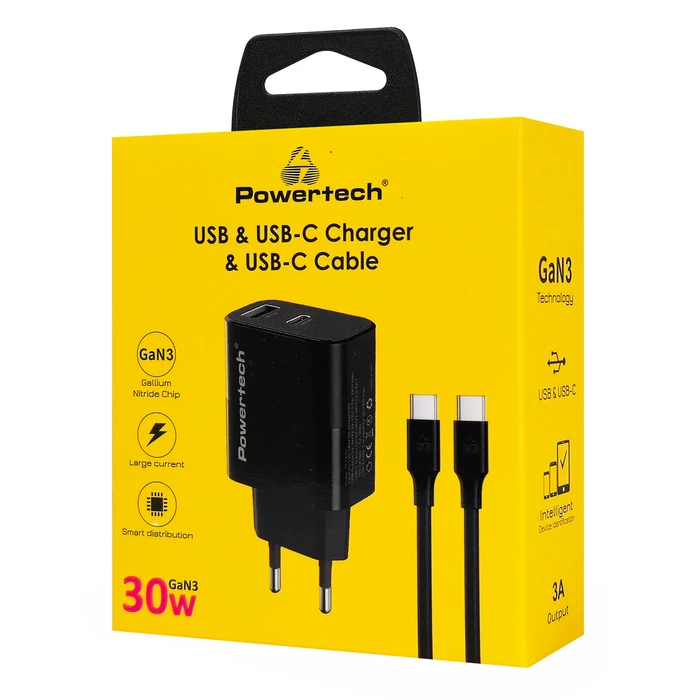 POWERTECH PT-1638 GaN 30W Wall Charger with USB-A & USB-C and 1m USB-C Cable, Black