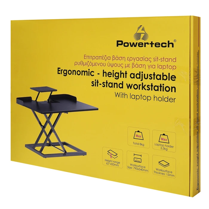 POWERTECH επιτραπέζιος σταθμός εργασίας Sit-Stand PT-1664 – ρυθμιζόμενο ύψος, βάση laptop, 790x540mm, μαύρος