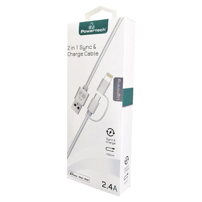 Καλώδιο USB Powertech σε Micro/Lightning PT-707, MFi, 12W, 1m, λευκό